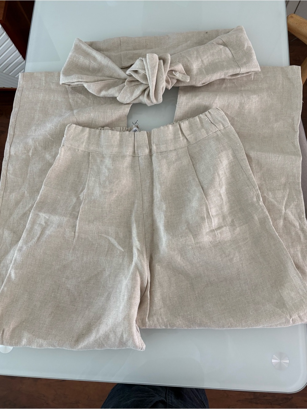 Light Beige Handmade Linen Pants and Strapless Bandeau Set